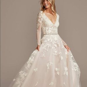 Illusion Sleeve Plunging Wedding Dress